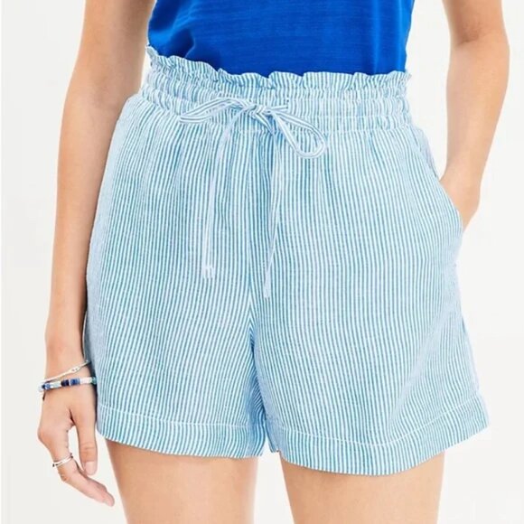 LOFT Blue & White Stripe Linen Blend Shorts XL Petite NEW Summer Coastal Beach - Picture 1 of 8